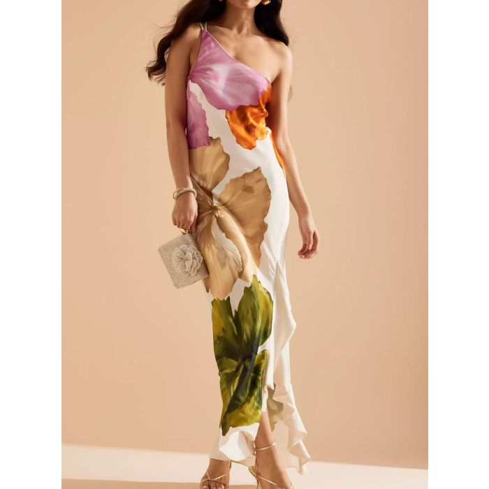 Flowy Floral Ruffle Sparkly Satin Resort One Shoulder Maxi Dress
