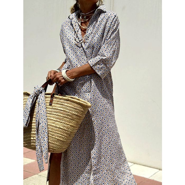 Resort Collared Button Down Half Sleeve Slit Printed Shirt Midi Dre…