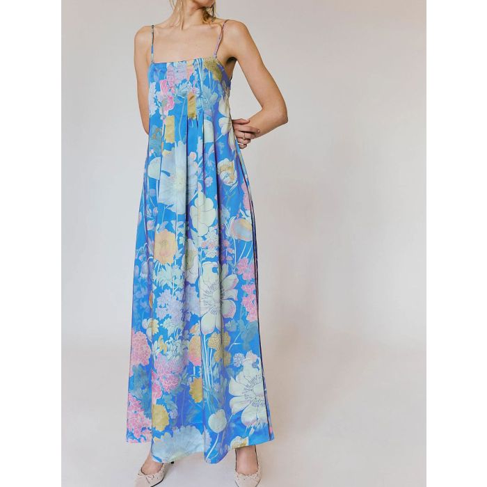Tropical Floral Square Neck a Line Resort Pintuck Maxi Dress