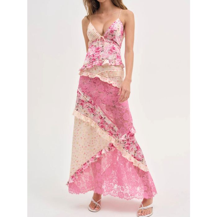 Resort Pleated V-Neck Ruffle Floral Patchwork Lace Slip Maxi Dress