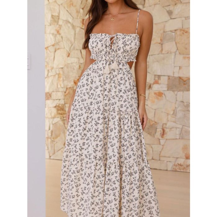 Flattering Ruffle Tie Neck Cutout Resort Crinkled Tiered Midi Sundr…