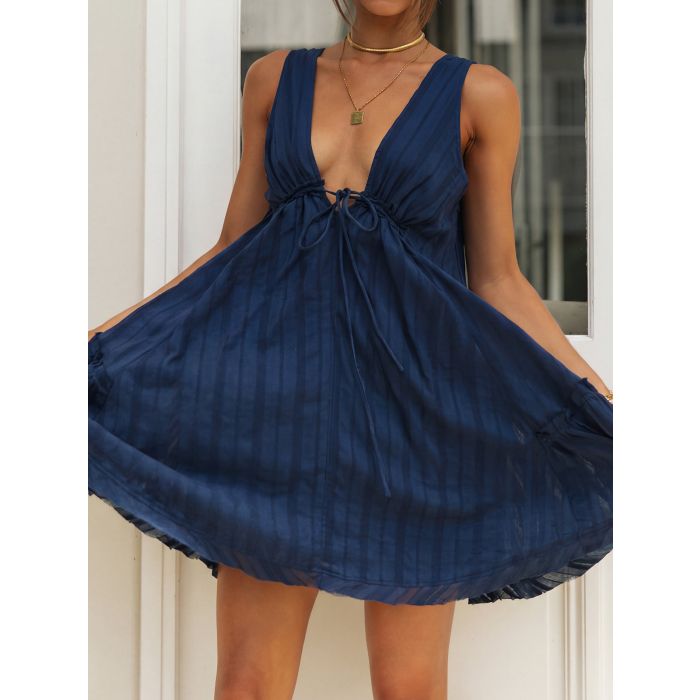 Flowy Deep V Tie Waist Vertical Stripe Resort Babydoll Mini Sundress