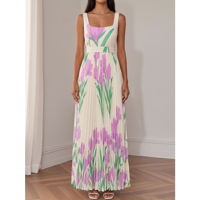 Fresh Floral Square Neck High Waist Resort Sleeveless Pleated Maxi…