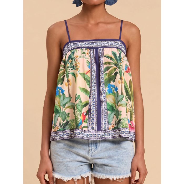 Tropical Palm Square Neck Breezy Resort Crop Cami Tank Top