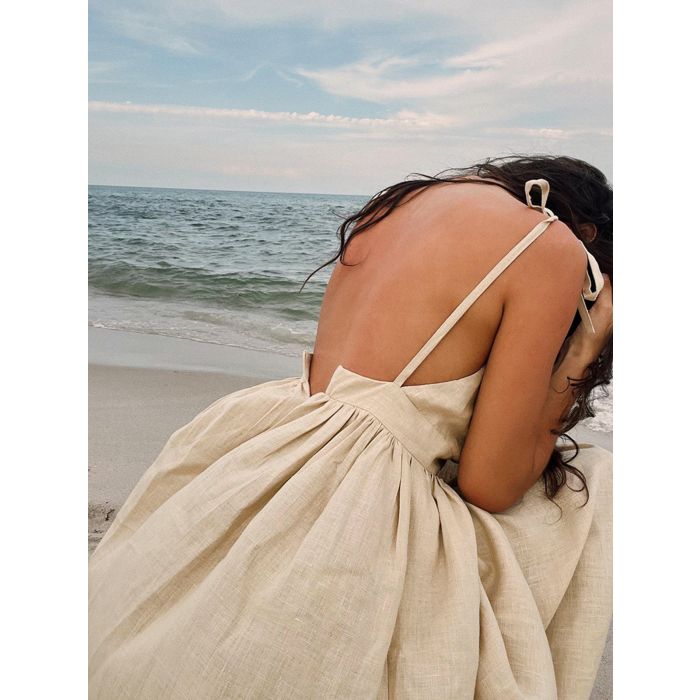 Flattering Backless V-Neck Tie Shoulder Resort Linen Slip Maxi Dress