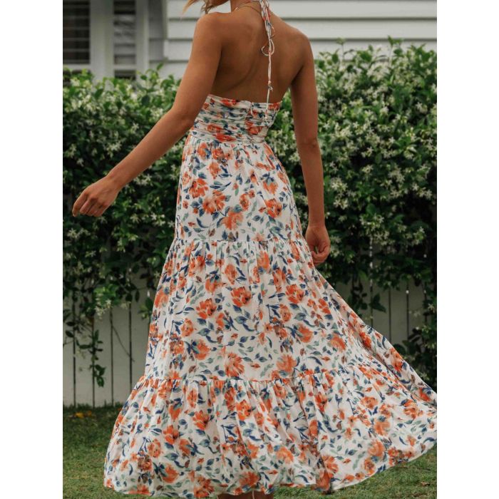 Flowy Halter Deep V Ruched Empire Waist Resort Tiered Maxi Dress