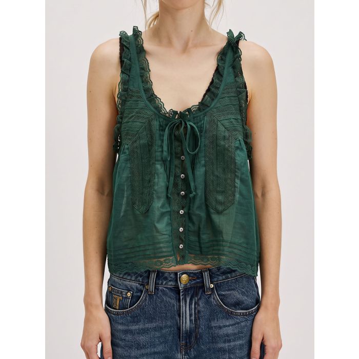 Relaxed Chic Ruffled Tie Front Button Up Resort Lace Crop Tank Top