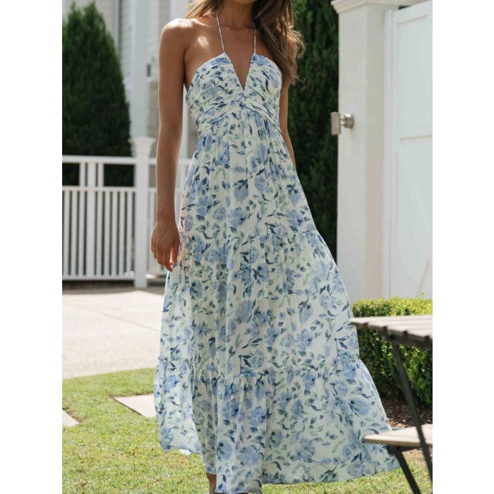 Flowy Halter Deep V Ruched Empire Waist Resort Tiered Maxi Dress