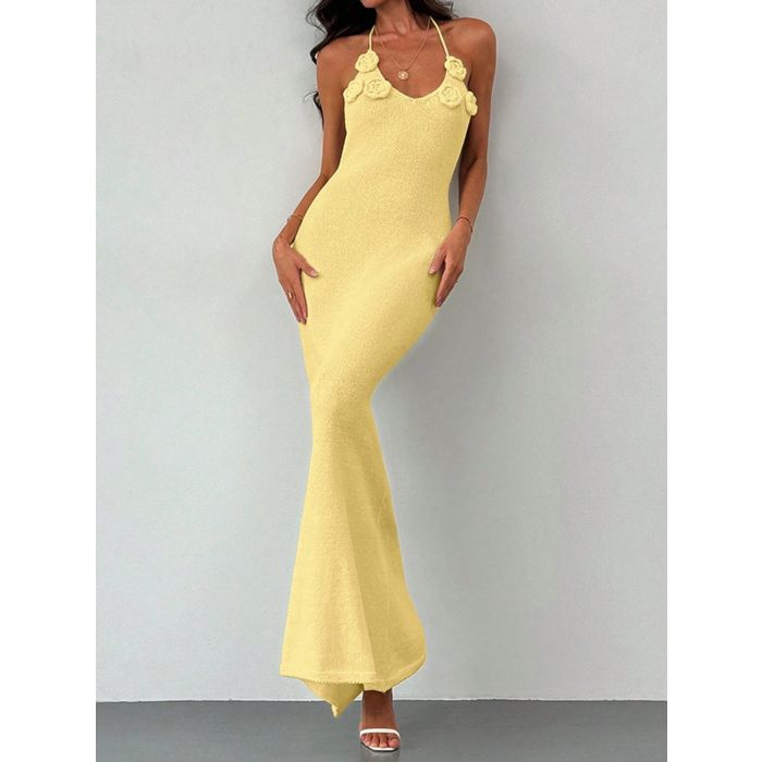 Bloom 3D Flower Deep V Halter Backless Resort Fishtail Knit Maxi Dr…