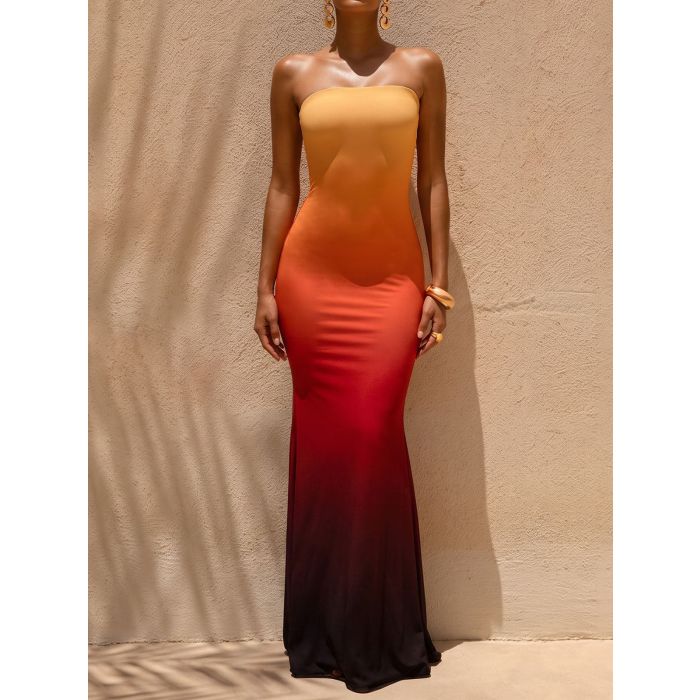 Vibrant Ombre Floral a Line Summer Resort Strapless Maxi Dress