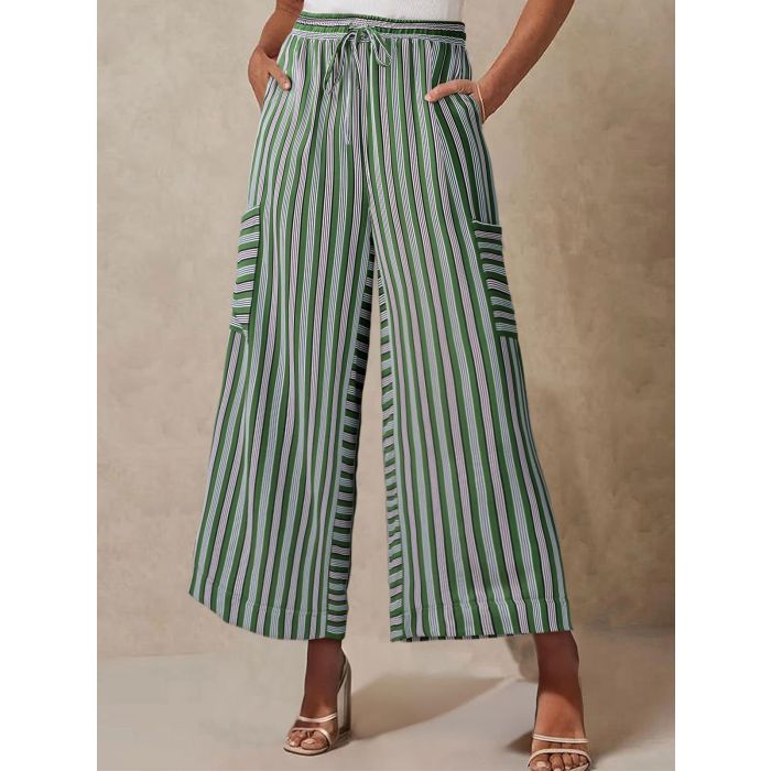 Vibrant Striped Tie High Waist Cargo Pocket Resort Wide Leg Pants