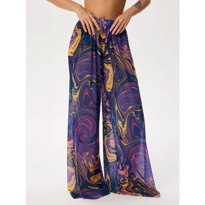 Tropical Printed Ruched High Waist Resort Wide Leg Pants