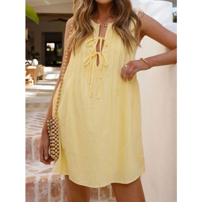 Chic Bow Tie V-Neck Pocket Resort Pintuck Mini Sundress