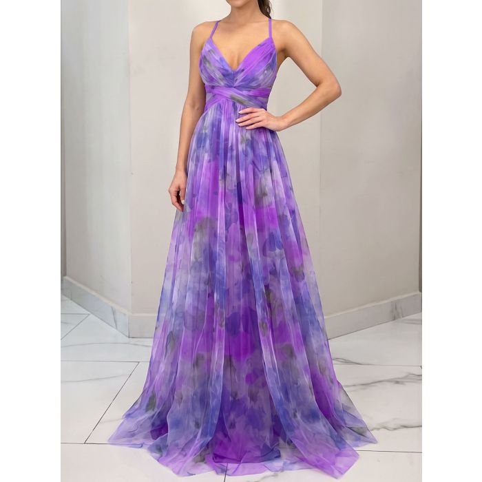 Flowy V-Neck Watercolor Floral Mesh Sleeveless Wrap Cutout Maxi Dre…