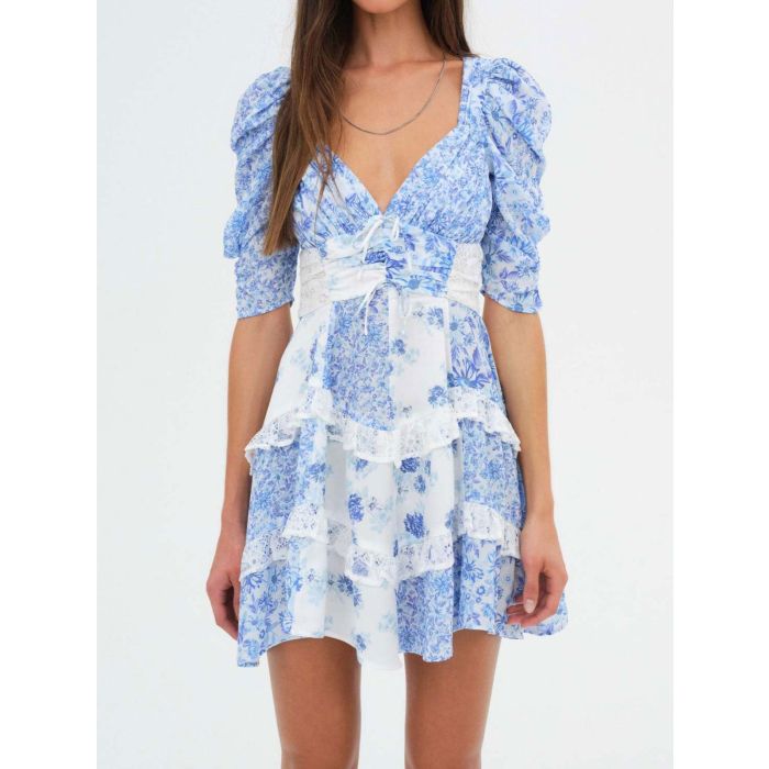 Resort Floral Pleated V-Neck Lace Ruffle Tiered Puff Sleeve Mini Dr…