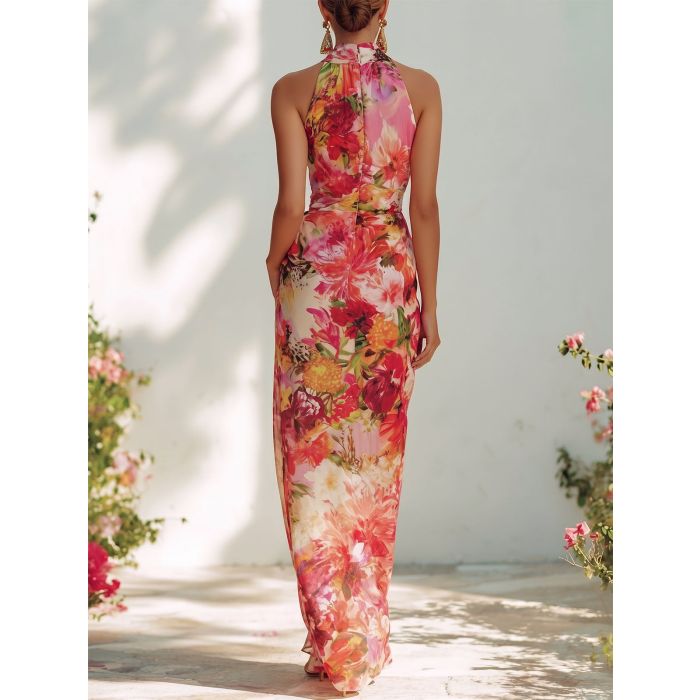 Relaxed Floral High Neck High Waist Sleeveless Resort Chiffon Maxi…