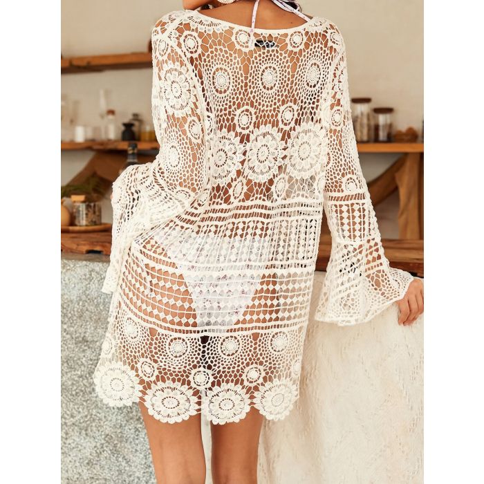 Breezy Lace Up V-Neck Sleeved Beach Crochet Knit Cover-Up Mini Dress