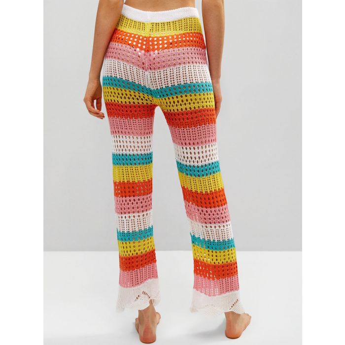 Rainbow Striped Tie High Waist Beach Crochet Knit Cover-Up Pants
