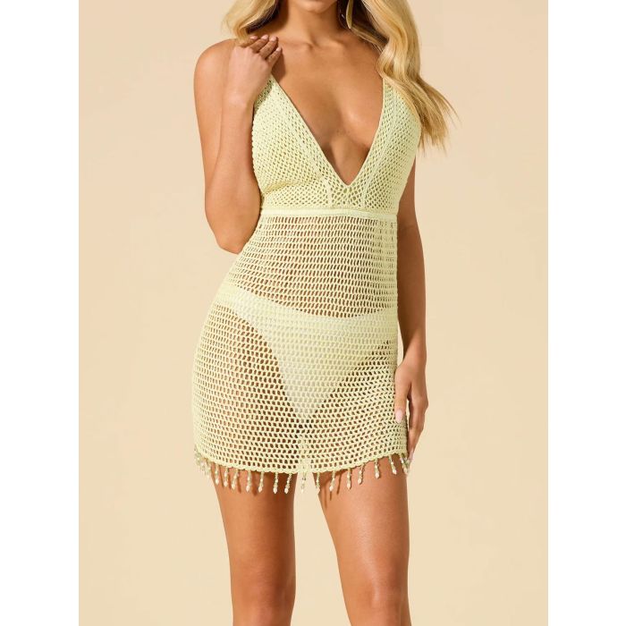 Flattering Beaded Fringe Deep V Cami Beach Crochet Cover-Up Mini Dr…