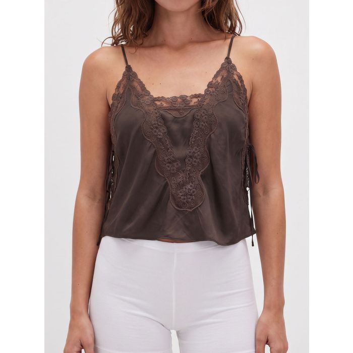 Vintage Floral Lace Tie Side Slit Resort Crop Cami Satin Top