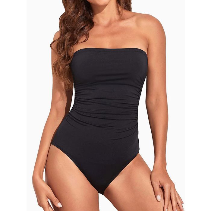 Classic Solid Color Ruched Moderate Bandeau One-Piece Swimsuit
