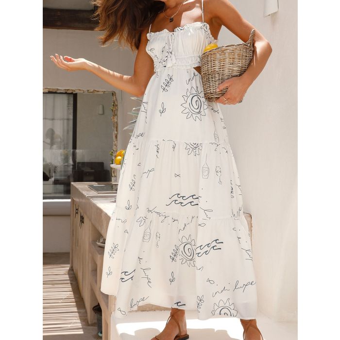 Flattering Ruffle Tie Neck Cutout Resort Crinkled Tiered Midi Sundr…