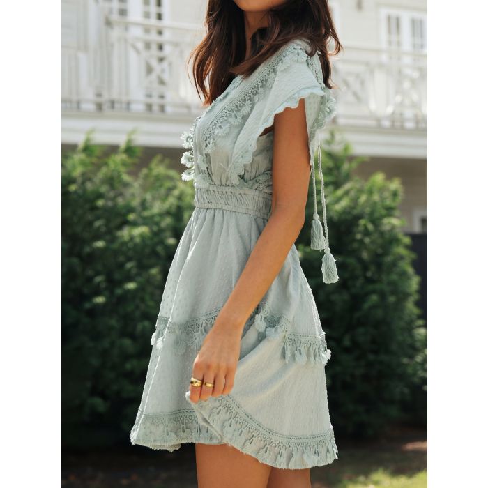 Relaxed Deep V Crochet Lace Fringe Tiered Resort Swiss Dot Mini Dre…