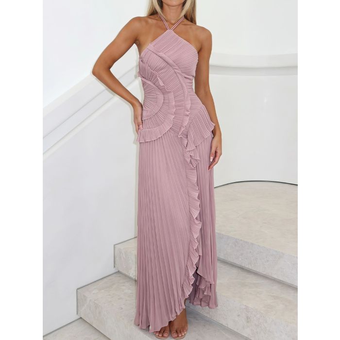 Asymmetrical Ruffle High Neck Resort Chiffon Pleated Midi Dress