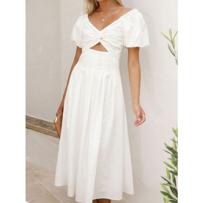 Resort Twist V-Neck Cutout Pocket Puff Sleeve Midi Dress