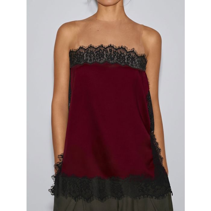 Feminine Floral Lace Strapless Side Slit Resort Longline Satin Top