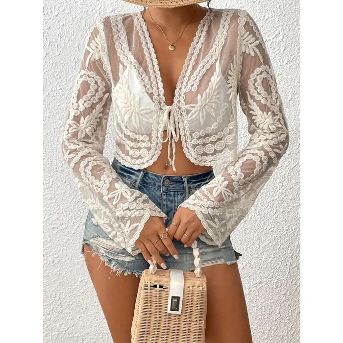 Exquisite Tie Front Sleeved Embroidered Lace Beach Crop Cover-Up