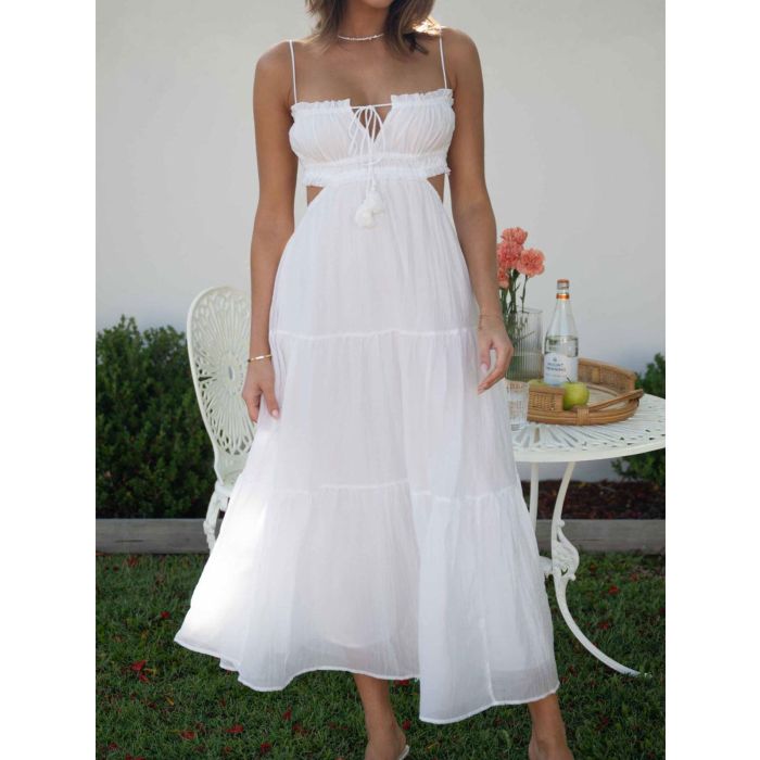 Flattering Ruffle Tie Neck Cutout Resort Crinkled Tiered Midi Sundr…