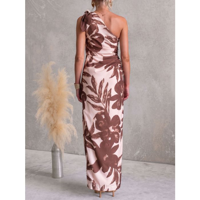 Tropical Tie One Shoulder Ruched Column Resort Printed Maxi Dress