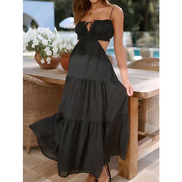 Flattering Ruffle Tie Neck Cutout Resort Crinkled Tiered Midi Sundr…