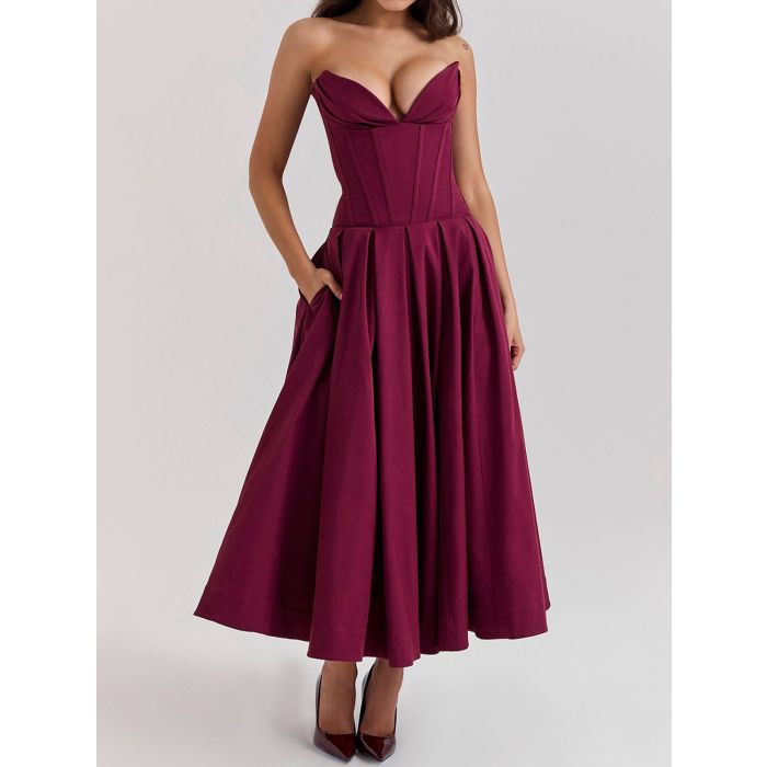Flattering Bustier Strapless Corset Fit Flare Resort Pleated Midi D…