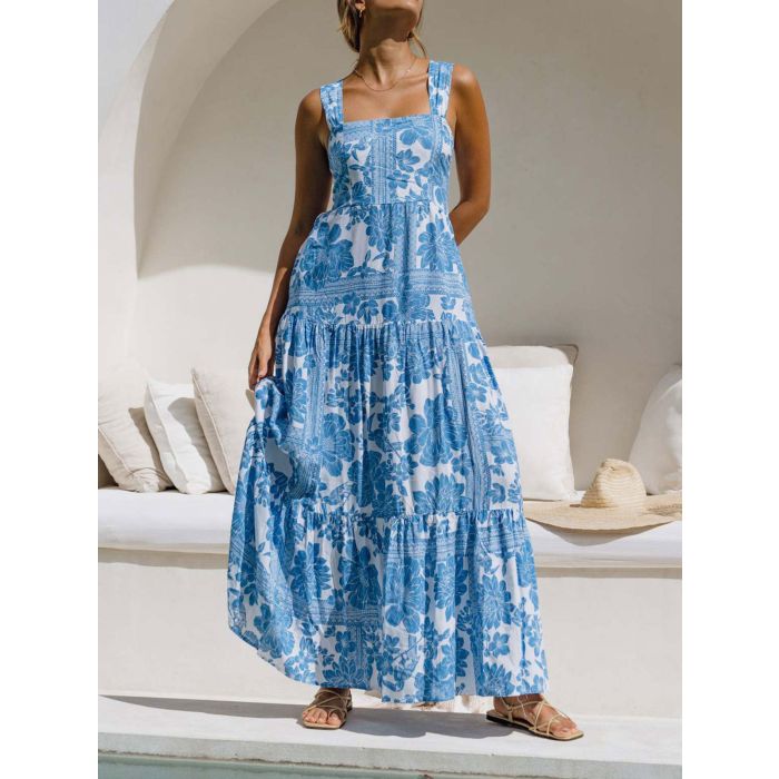 Relaxed Floral Square Neck Pocket Resort Tiered Maxi Sundress