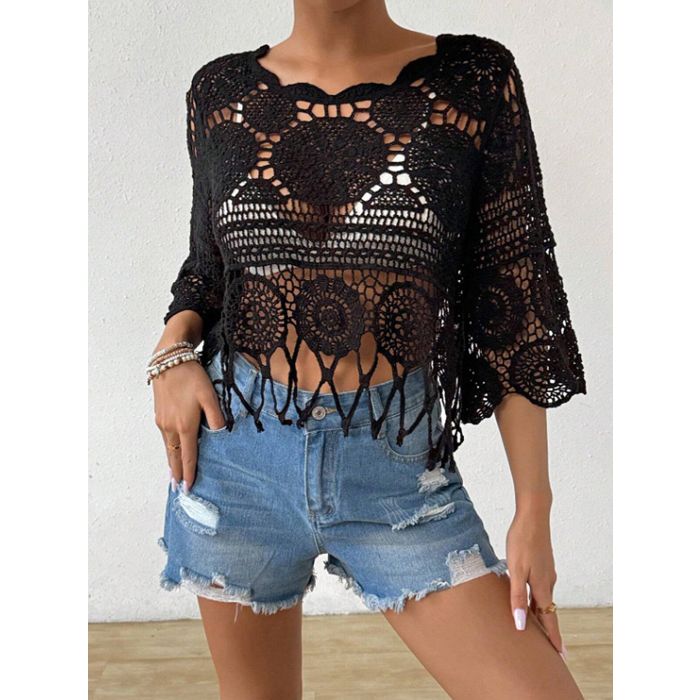 Relaxed Scalloped Neck Elbow Sleeve Fringe Crochet Knit Cover-Up Top