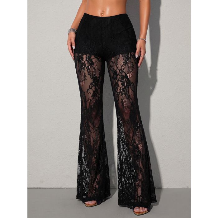Feminine Solid Color High Waist Fit and Flare Resort Floral Lace Pa…