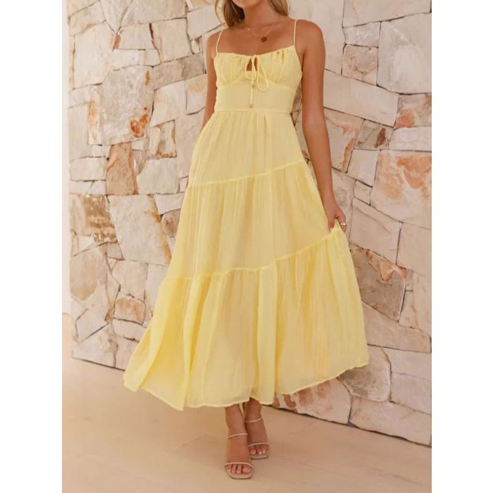 Relaxed Tie Neck Smocked Back Resort Crochet Tiered Midi Sundress