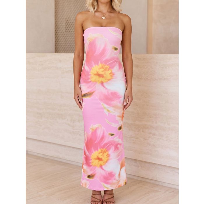 Summer Resort Column Strapless Watercolor Floral Printed Maxi Dress