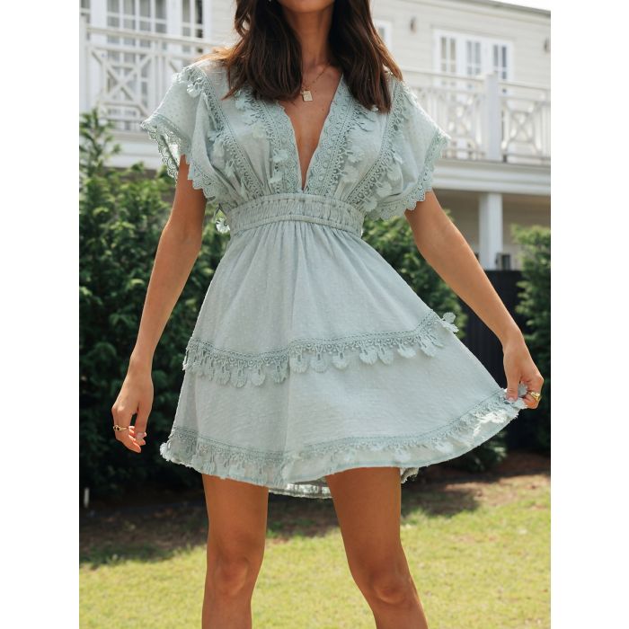 Relaxed Deep V Crochet Lace Fringe Tiered Resort Swiss Dot Mini Dre…
