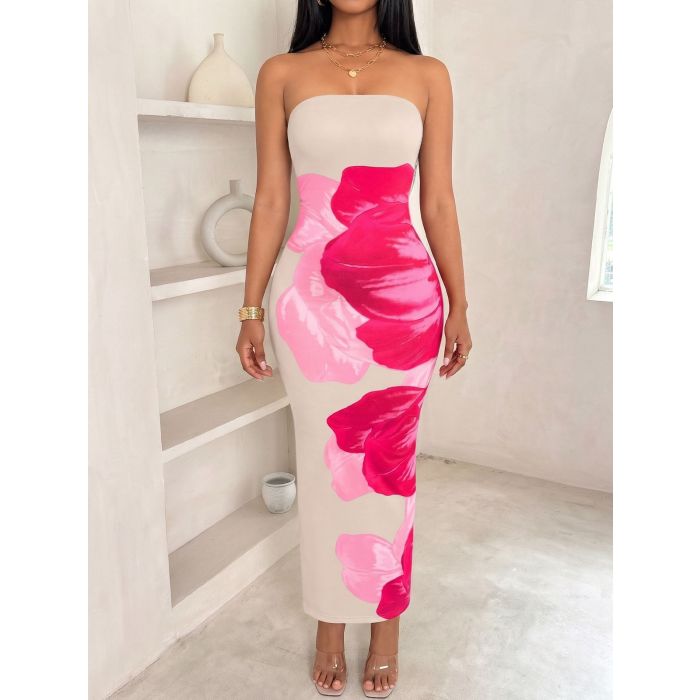 Vibrant Contrast Watercolor Floral Resort Column Strapless Maxi Dre…