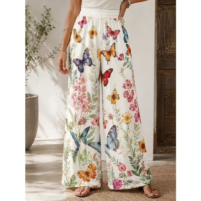 Relaxed Butterfly Floral High Waist Wide Leg Resort Palazzo Pants