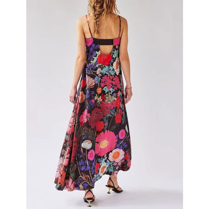 Tropical Floral Square Neck a Line Resort Pintuck Maxi Dress