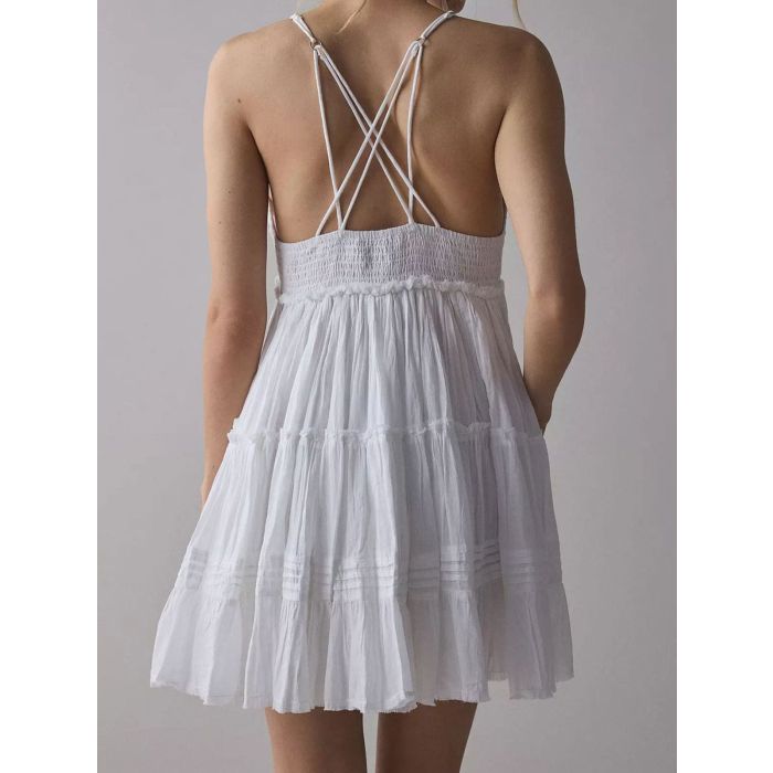 Flattering V-Neck Eyelet Floral Tiered Babydoll Resort Slip Mini Dr…