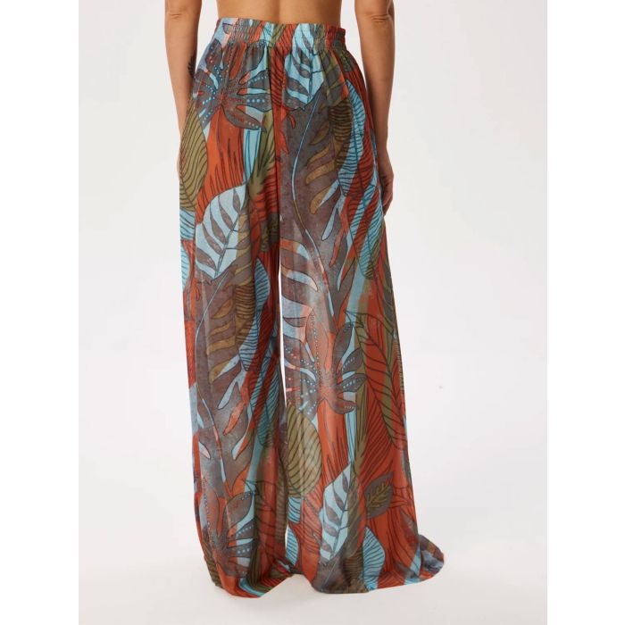 Tropical Printed Ruched High Waist Resort Wide Leg Pants