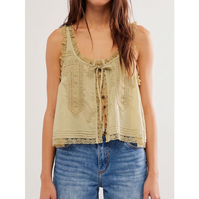 Relaxed Chic Ruffled Tie Front Button Up Resort Lace Crop Tank Top