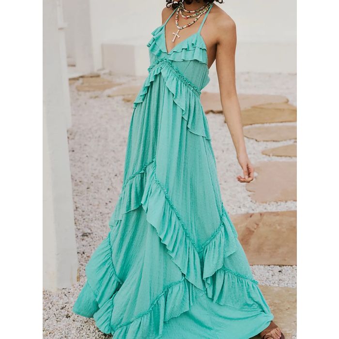 Relaxed Halter Tie Back Tiered Ruffle Resort Crinkled Babydoll Maxi…