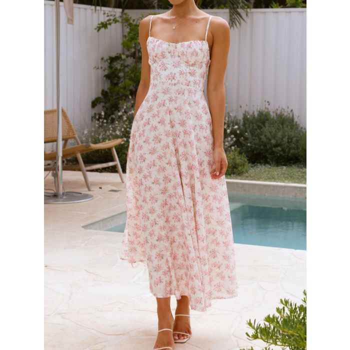 Flattering Ruched Sweetheart Tie Back Resort Floral Slip Midi Dress
