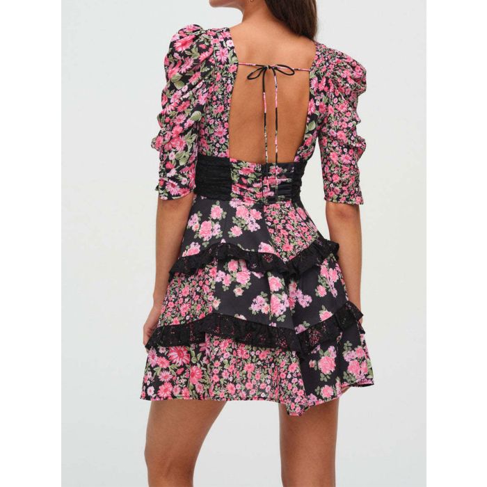 Resort Floral Pleated V-Neck Lace Ruffle Tiered Puff Sleeve Mini Dr…